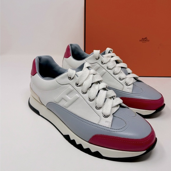 Pre-loved Hermes Calfskin Womens Sneakers Size36.5 color: White Gray Pink - Picture 1 of 16